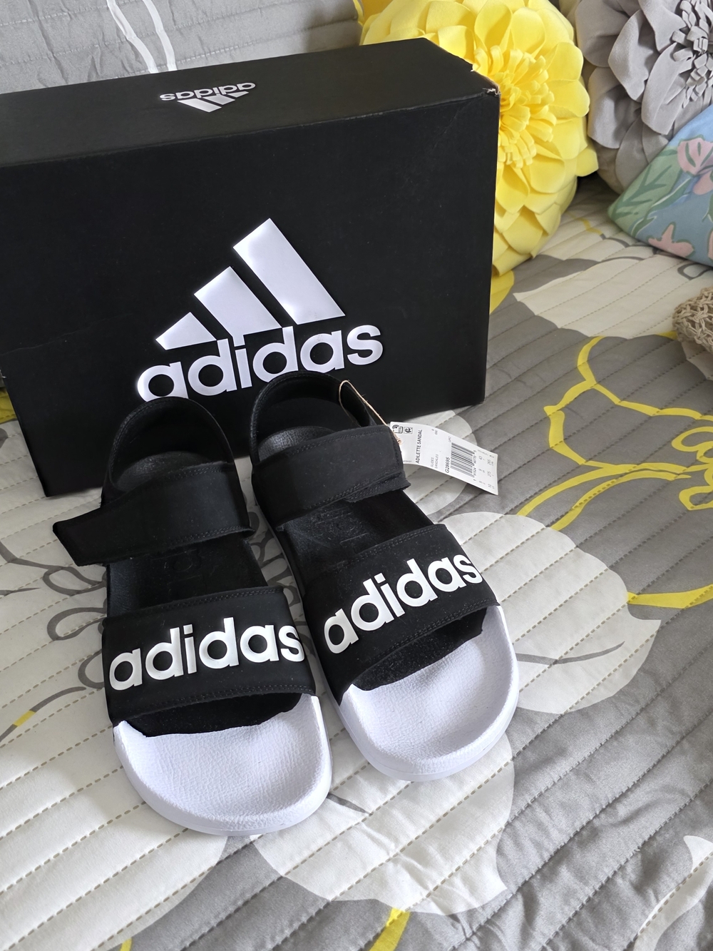 adidas Black and White Kids Slide Sandals with Logo Straps